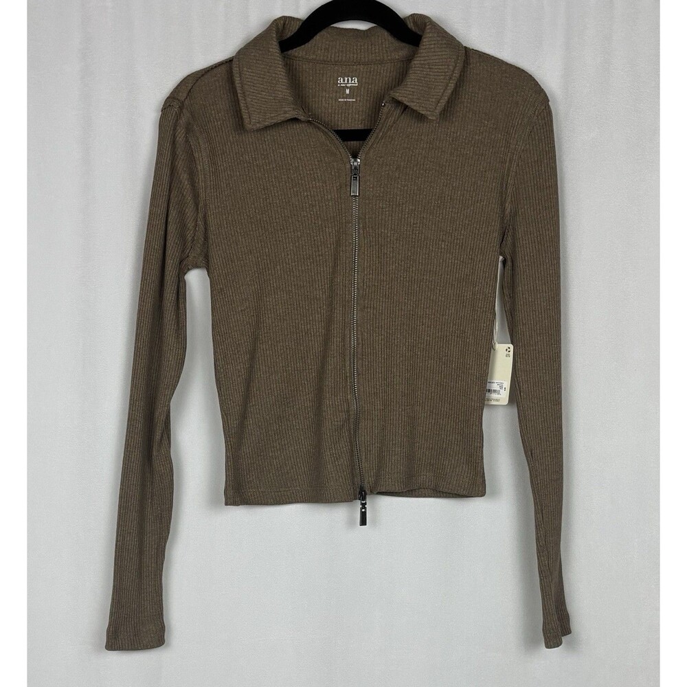 a.n.a. A New Approach Women’s Size Medium Brown Ribbed Full Zip Cropped Top